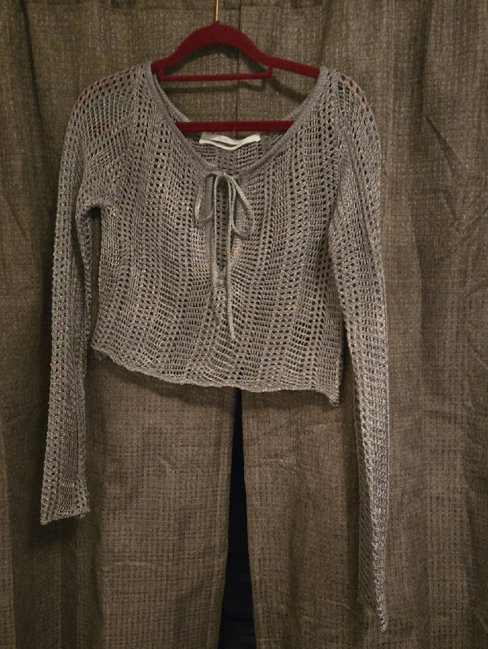silence + noise Gray Crochet Tie-Front Crop Top